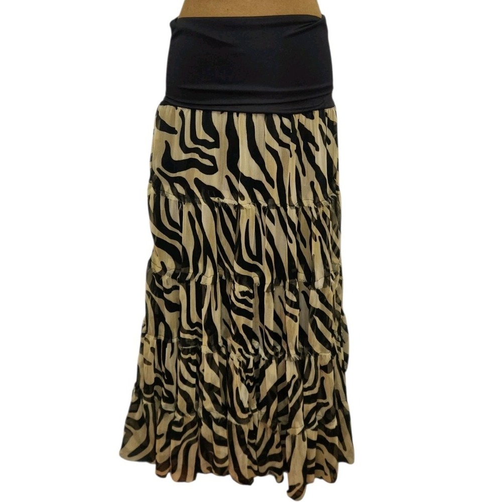 Vandana Animal Print Chiffon Maxi Skirt  Tiered Boho Size S/M Fold Over Waist